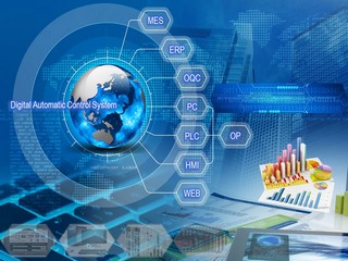 數位自動控制系統架構示意:PLC、HMI 與 MES、ERP、OQC 等系統的連線關係
